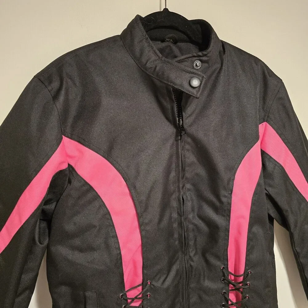 I-K Textiles Motorcycle Jacket XL Womens Black Pink Full Zip Biker Moto Y2K